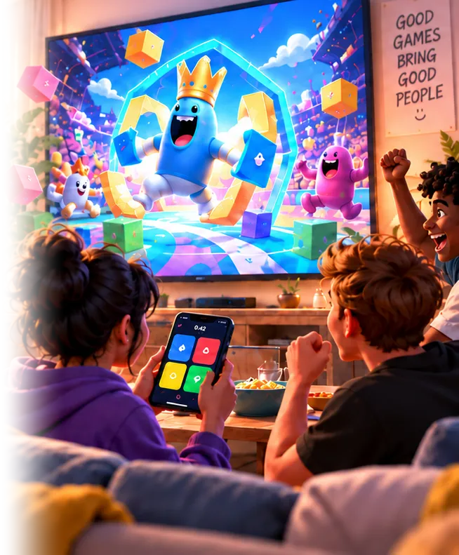 Friends on a couch playing a quiz with a phone as the controller