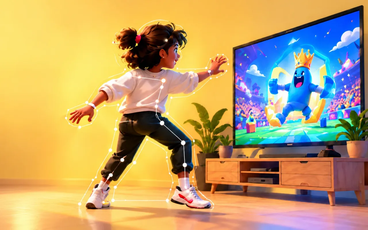 A kid dodging in front of a TV while the camera tracks her moves