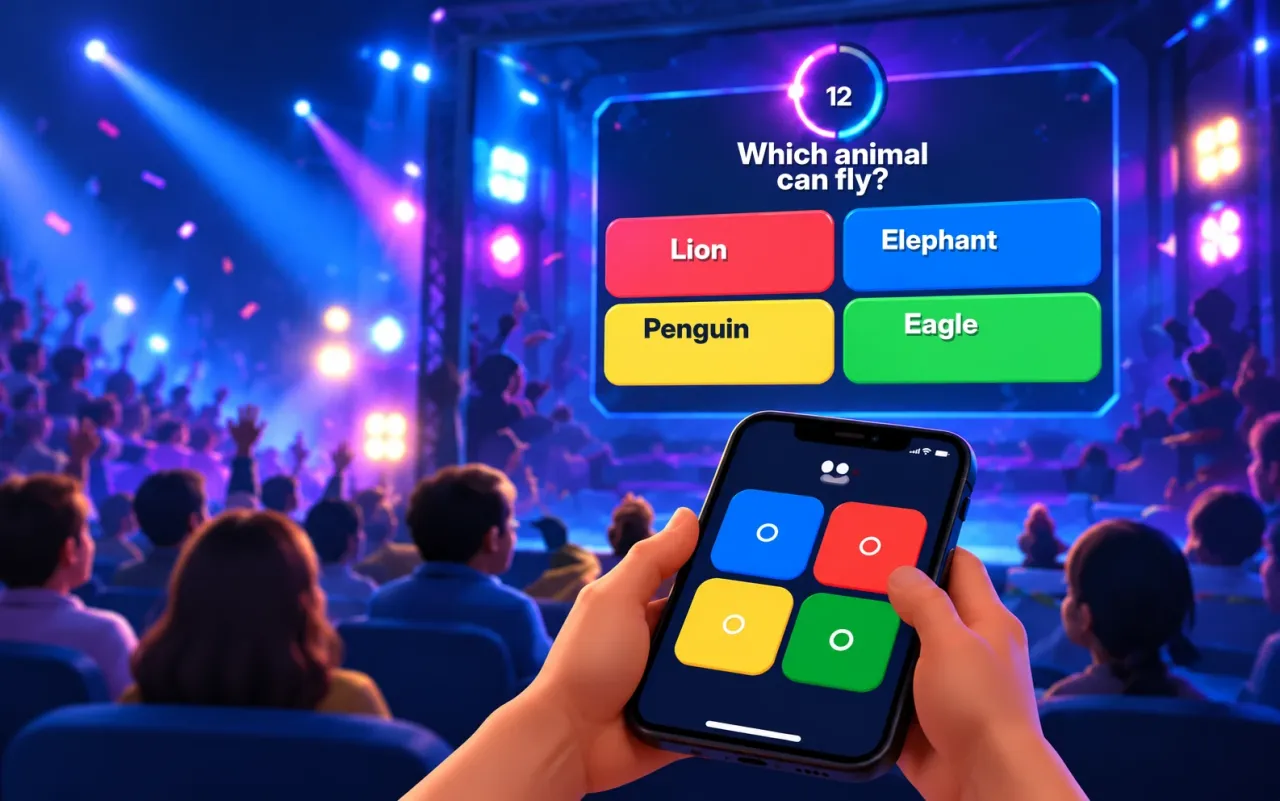 A quiz on the big screen, answered with coloured buttons on a phone